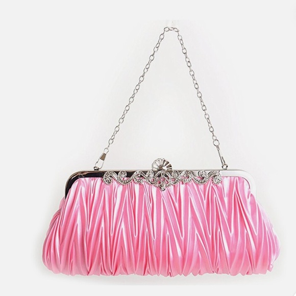 Pink Satin Pleated Clutch - Picture 1 of 9